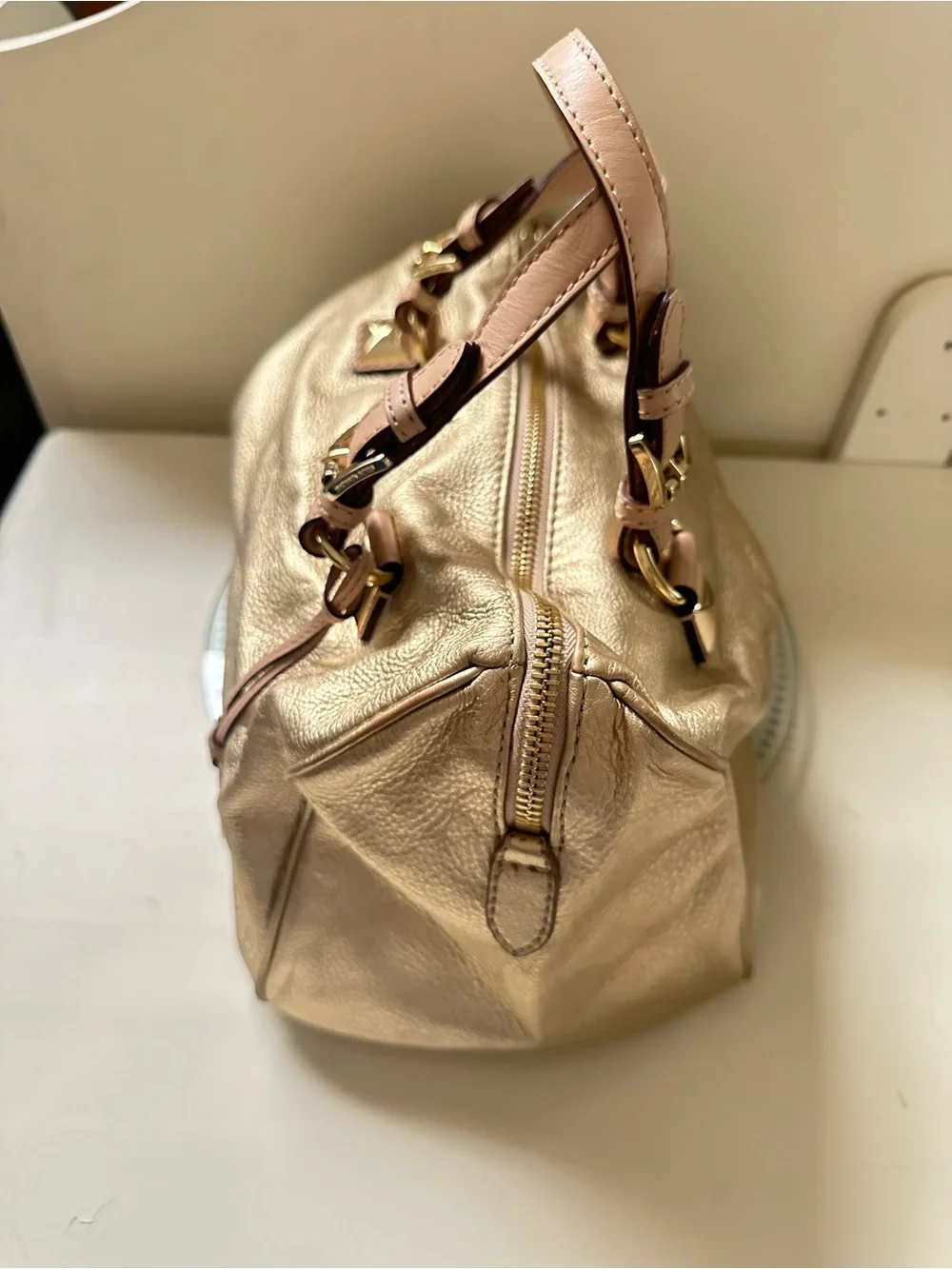 Michael Kors Gold Leather Satchel with Tan Handles and MK Charm